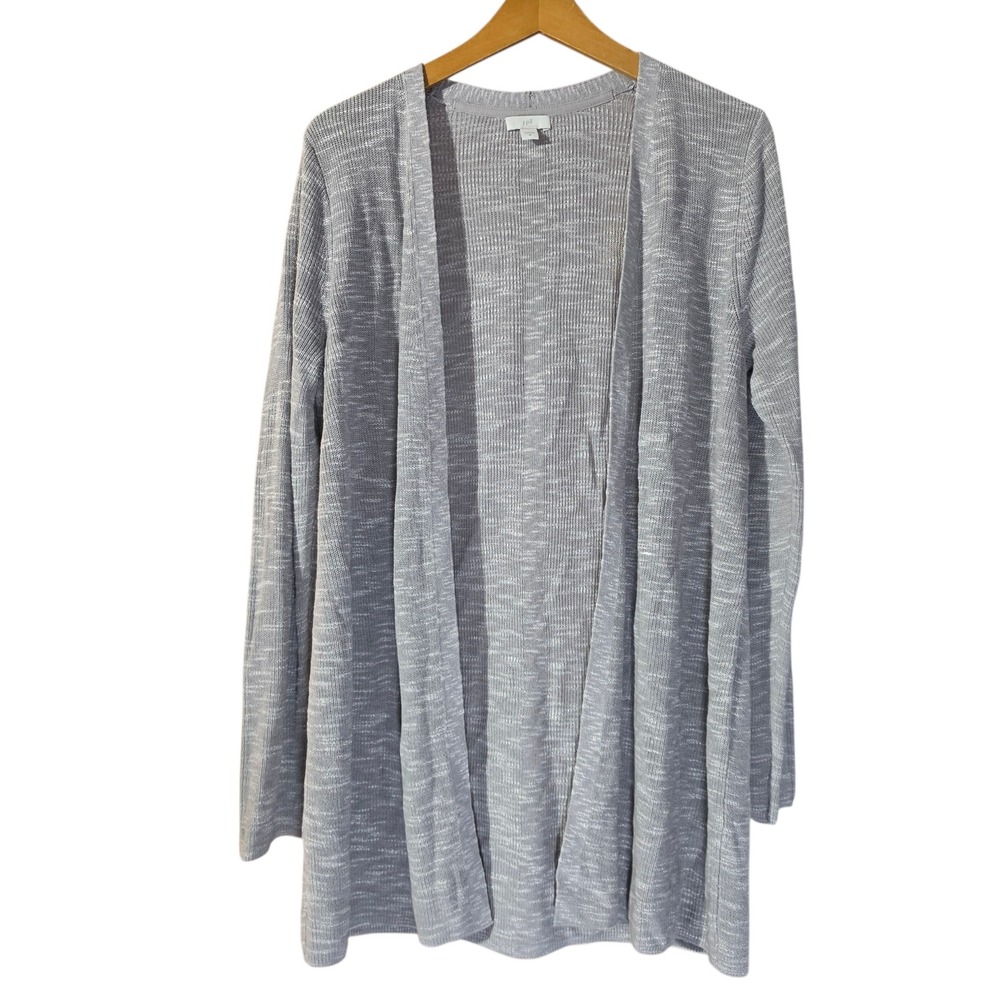 J. Jill Gray White Space Dye Open Front Cardigan Sweater Womens Med Linen Blend